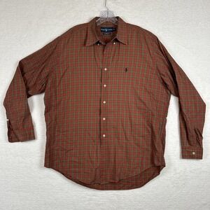 Ralph Lauren Shirt Mens L Orange Green Plaid Check Cotton Oxford OCBD Button Up